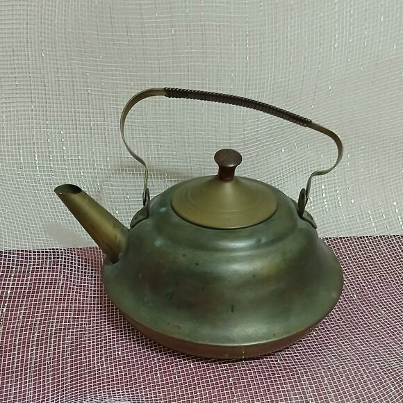 MCM Metawa Holland Brass & Copper Teapot with Cane Wrapped Handle - Picture 1 of 8